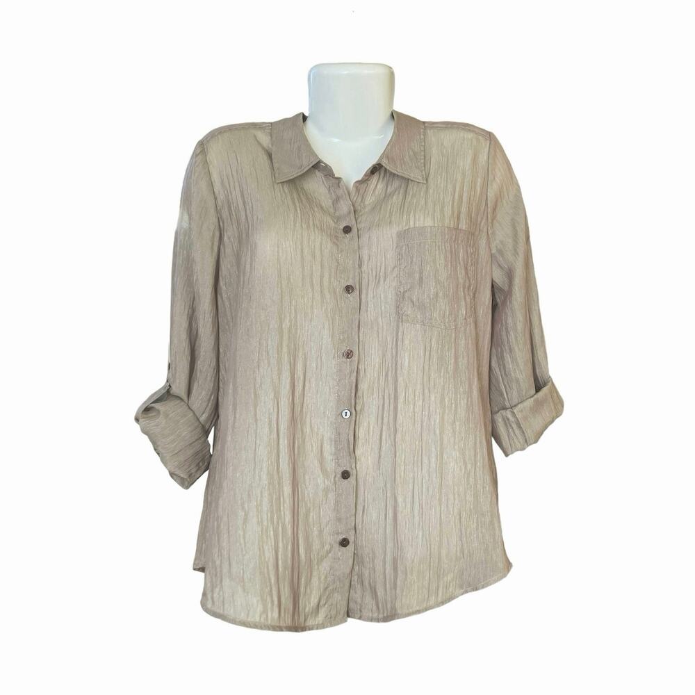 Chico's Women's Tan Button-Up Roll Sleeve Semi-Sheer Blouse Career SZ 2 L/12 - Picture 3 of 9